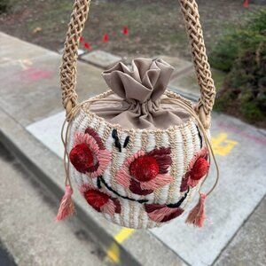 Handmade Boho Woven Straw Bag w/ Pom Poms Floral Details | Festival Summer Tote